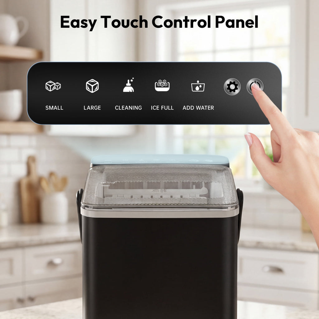 EUHOMY Countertop Ice Maker with Handle, 26 lbs/Day Portable Ice Machine, 9 Bullet Cubes in 6 Minutes, 2 Ice Sizes, Self-Cleaning, 1.1L Water Tank, Black