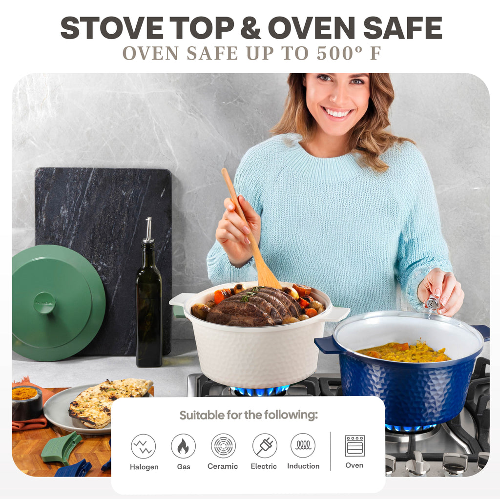 Gotham Steel Ceramic Hammered 5 Qt Lightweight Dutch Oven Pot with Lid & Holders, Oven Safe & Even Heat Retaining Dutch Oven for Bread Baking Sourdough, Soup, 70% Lighter than Cast Iron, Navy