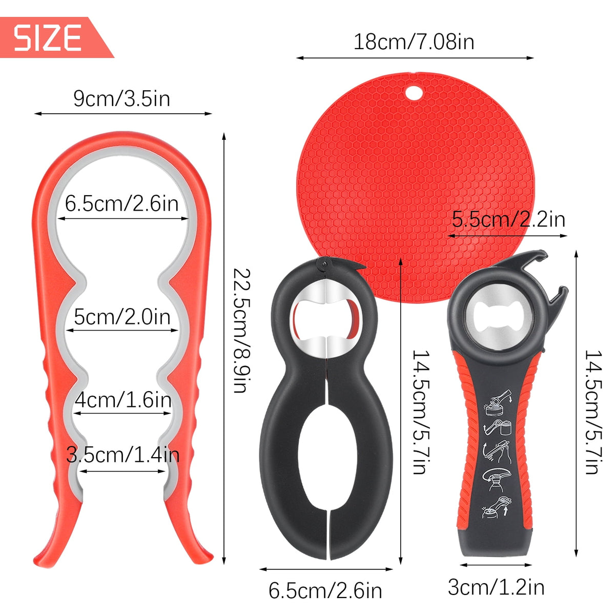 sixwipe 4 Pack Jar Opener Bottle Opener for Weak Hands, 5 in 1 Multi Function Opener Bottle Opener Kit, Jar Opener with Silicone Handle, Jar Openers for Seniors with Arthritis, Jar Opener Gripper Pad