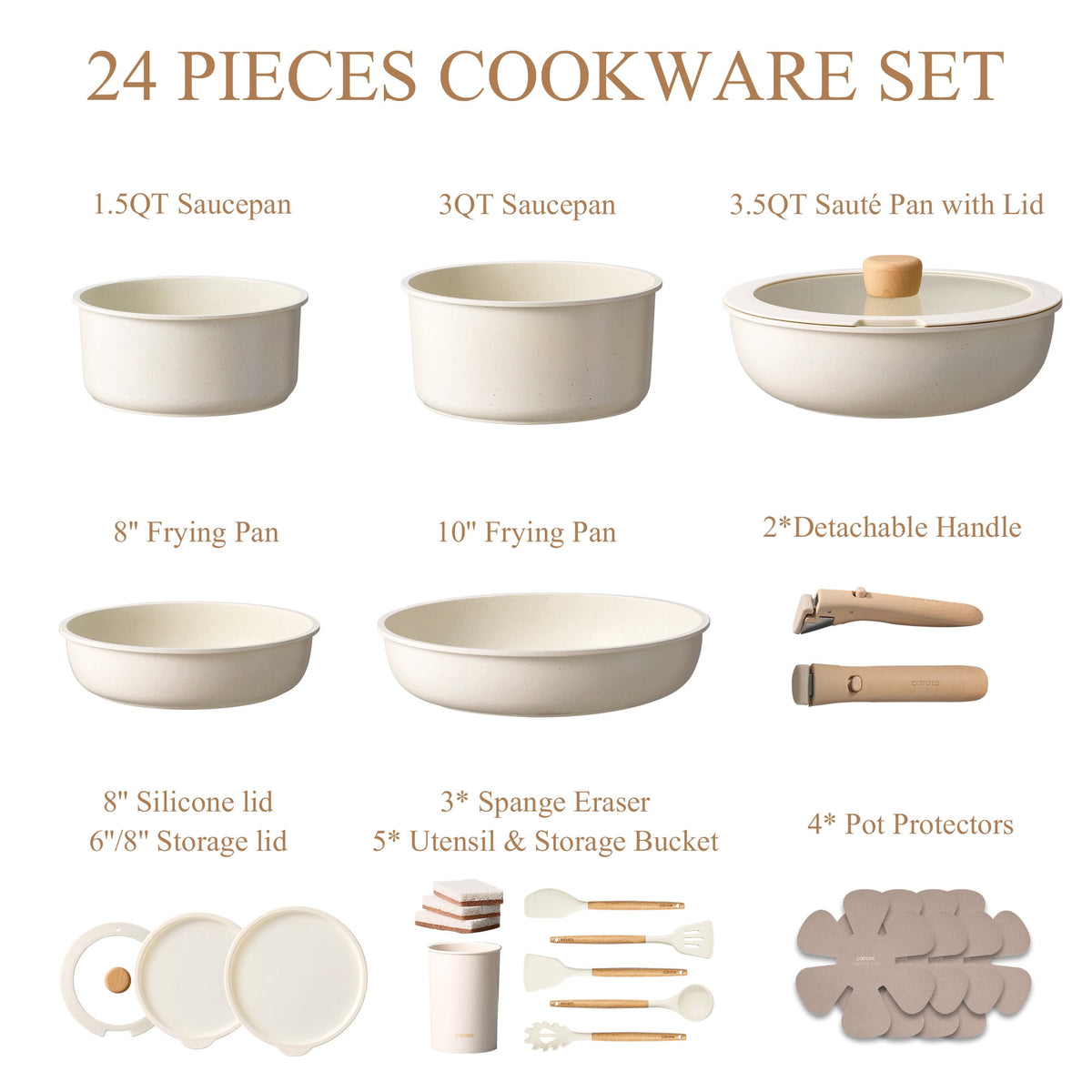 Carote 24-Piece Nonstick Cookware Set, Pots and Pans Set with Detachable Handle, Induction Compatible, Oven & Dishwasher Safe, Black