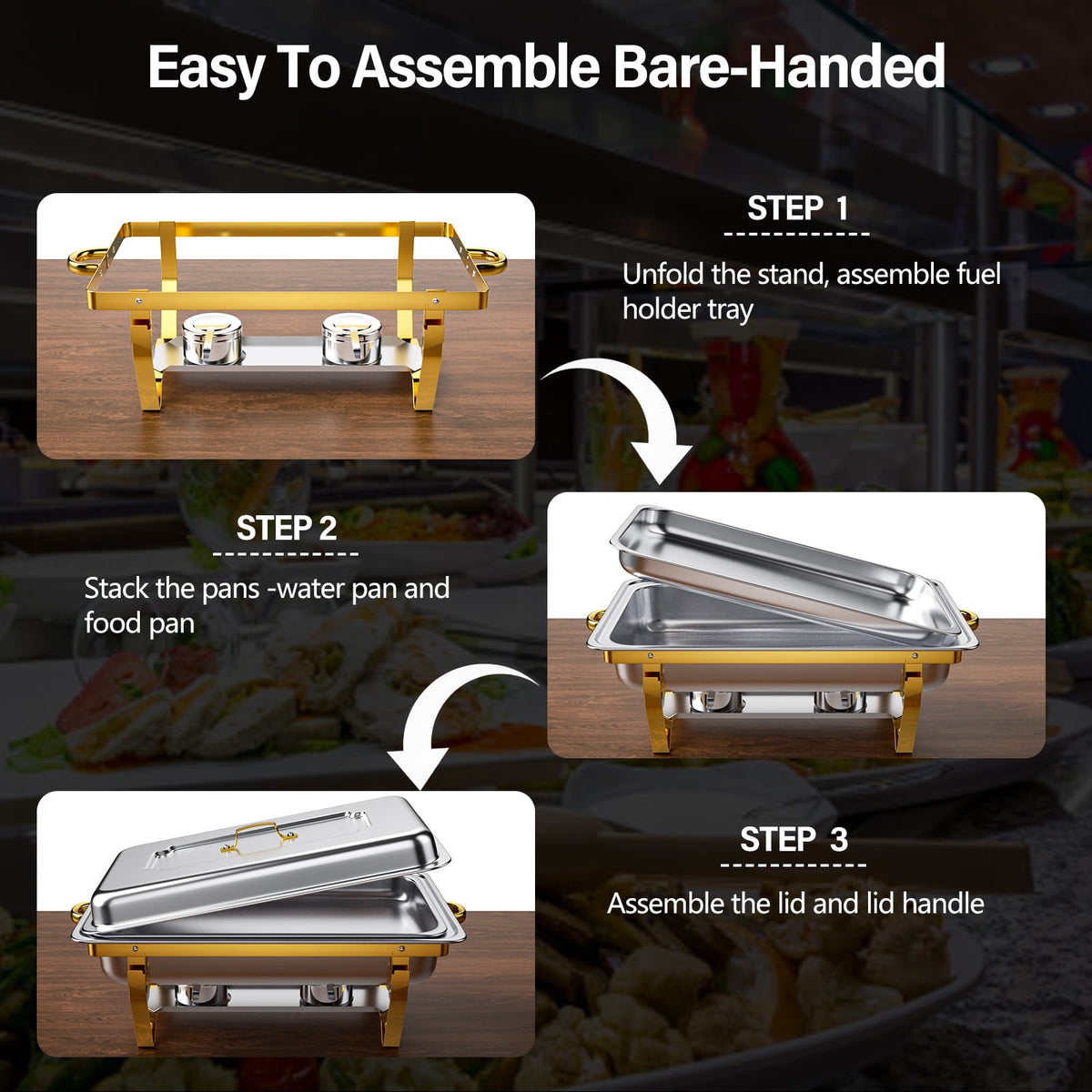 Jacgood 5 Pack Chafing Dish Buffet Set 8Qt. Foldable Rectangular Chafer Set, Stainless Steel Catering Warmer Set W/Full Size Water Pan, Food Pan, Fuel Holder for Cooked Food Insulation
