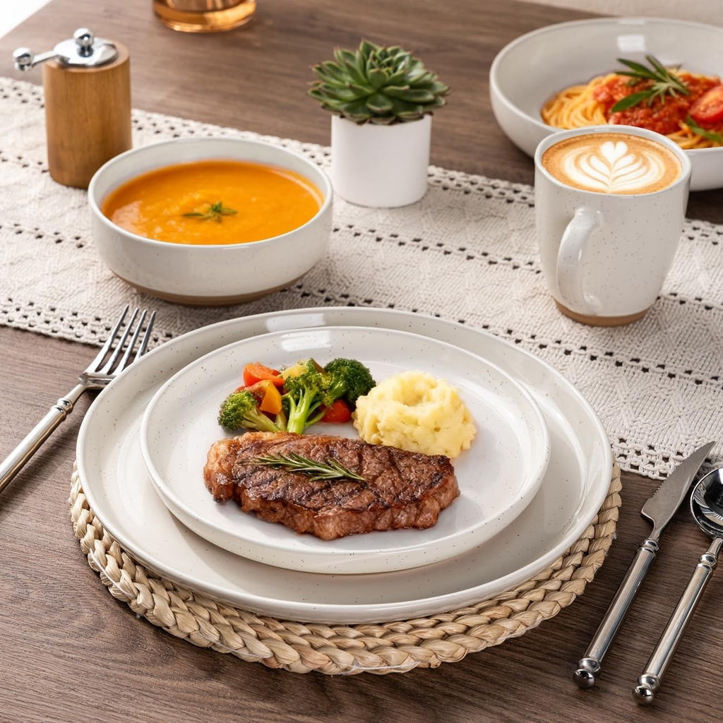 AmorArc Ceramic Dinnerware Sets for 4, 12 Pieces Handpainted Plates and Bowls Set with Rustic Terracotta Underside, Scratch Resistant Stoneware Dishes Set, Dishwasher & Microwave Safe,Light Beige