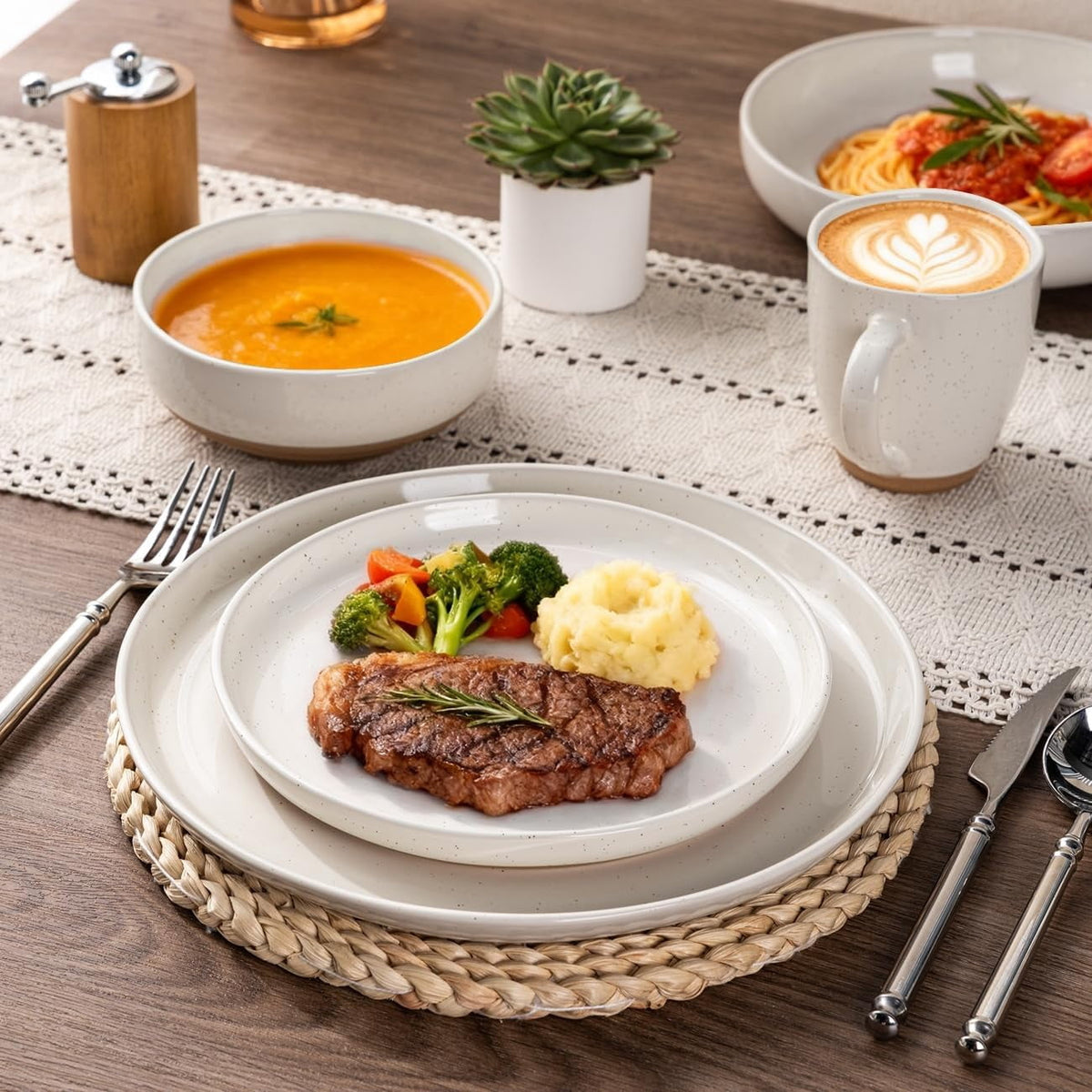 AmorArc Ceramic Dinnerware Sets for 4, 12 Pieces Handpainted Plates and Bowls Set with Rustic Terracotta Underside, Scratch Resistant Stoneware Dishes Set, Dishwasher & Microwave Safe,Light Beige