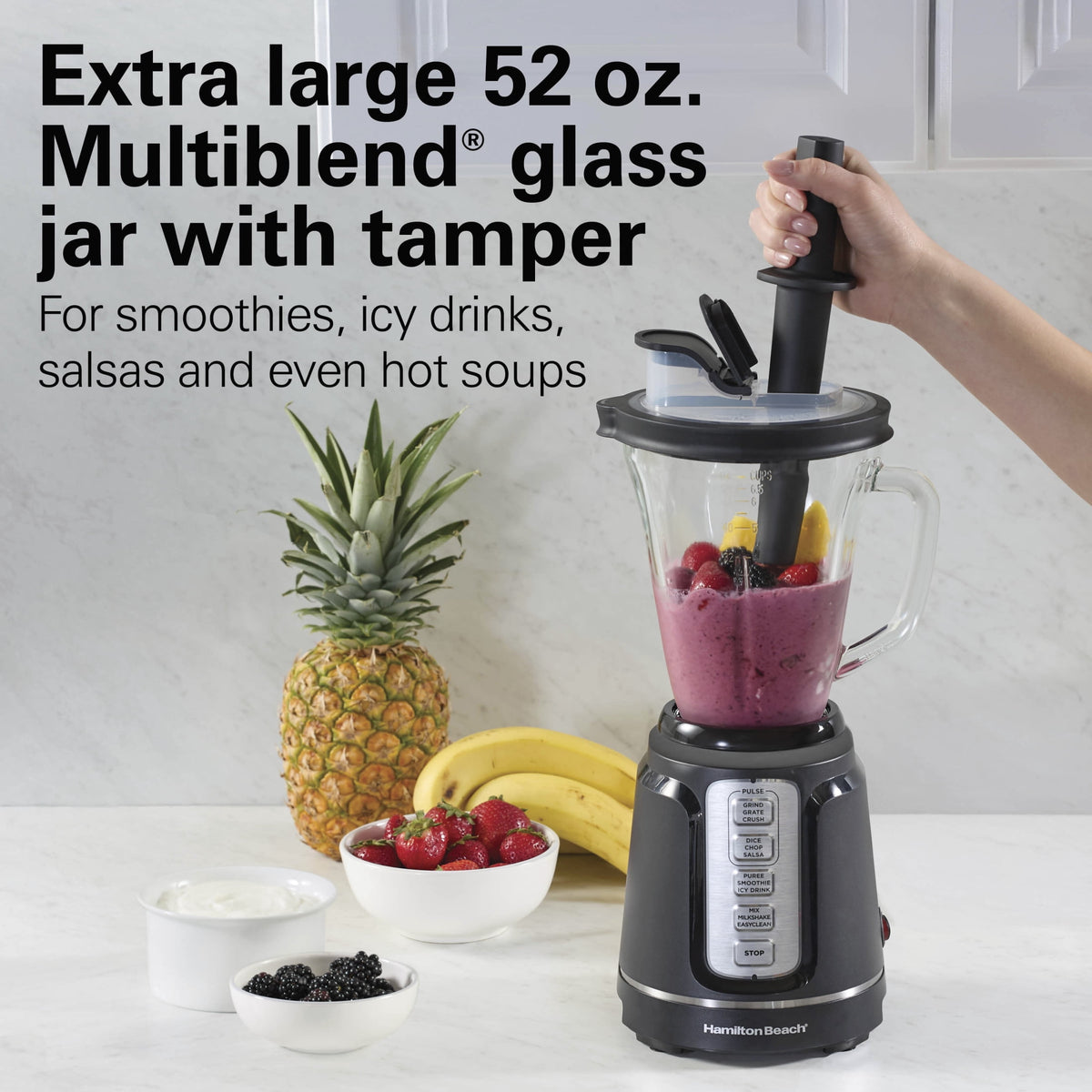 Hamilton Beach PowerBlend Duo Smoothie Blender, 52 oz Glass Jar & 20 oz. Personal Jar, 825W, Stainless Steel Blades, Black