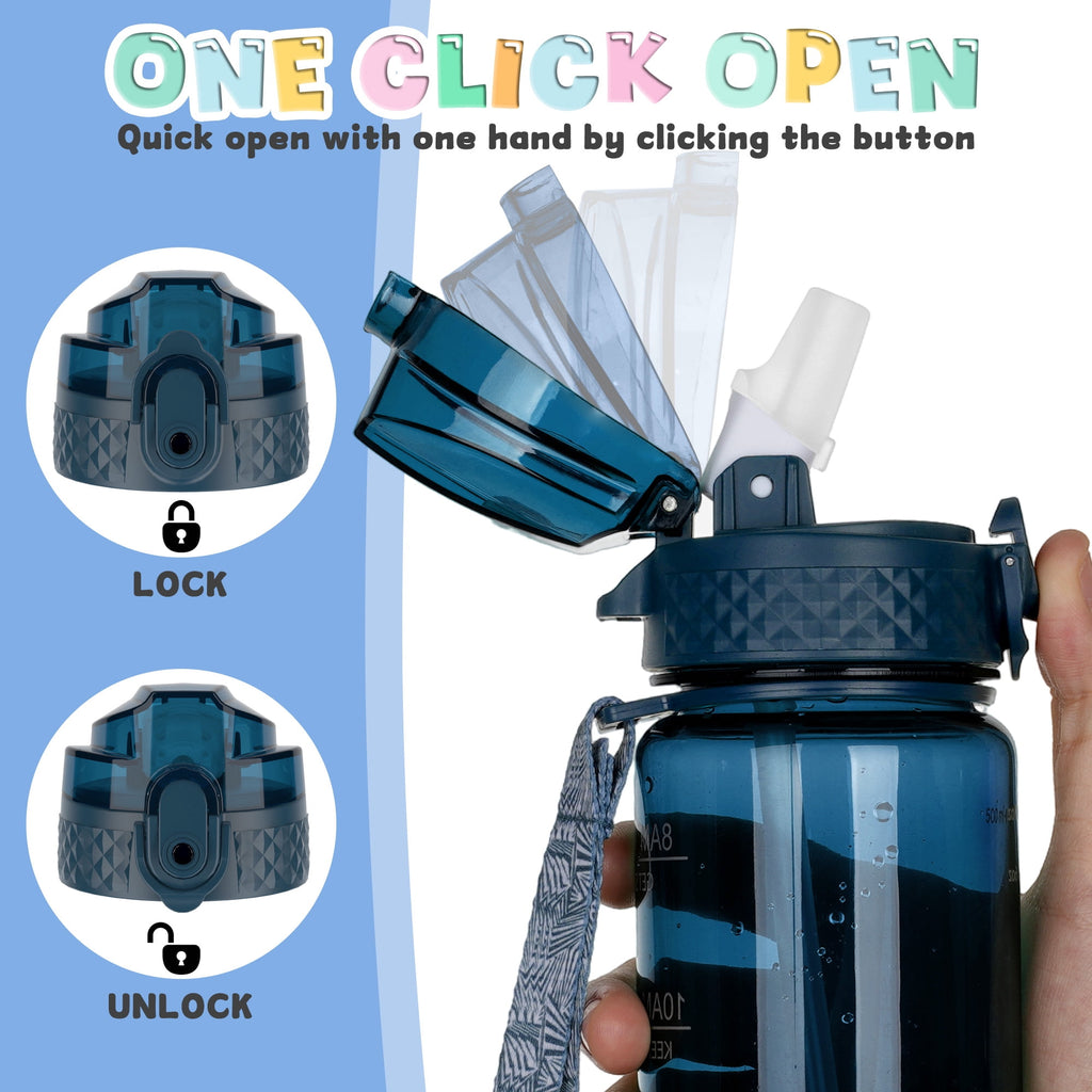 Oldley Transparent Tritan Kids Bottle – 17oz Straw Water Bottle with One-Hand Open Button, Lockable Leak-Proof Lid, Ideal for Daily Hydration