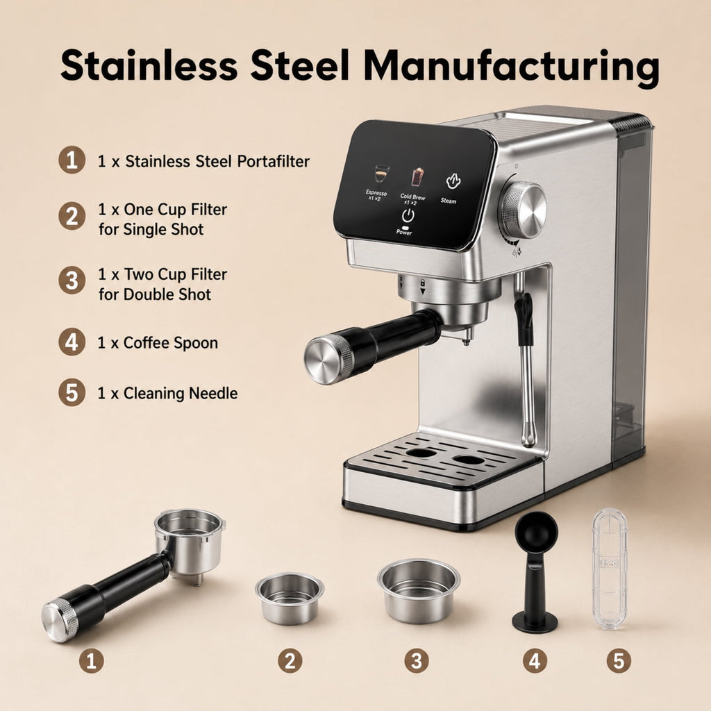 20-Bar Espresso Machine with Rapid Cold Brew, Stainless Steel Coffee Maker, 40oz Removable Water Tank for Cappuccino & Latte, Silver