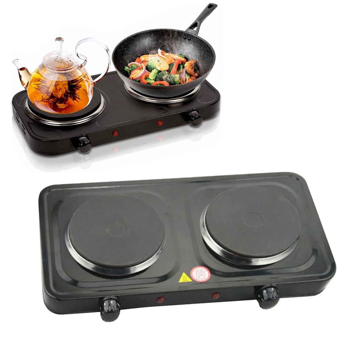 Electric Countertop Double Burner for Cooking, Portable 2000W Countertop Cast Iron Stove Burner, Hot Plate Temperature Controls with 5 Adjustable for RV/Home/Camp, Black