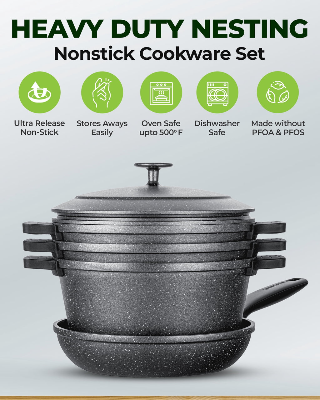 Granitestone 6Pcs Pots and Pans Set Nonstick, Nesting Ceramic Cookware Set Nonstick, Induction & Oven Safe, Save 25% Space by Nesting, Black
