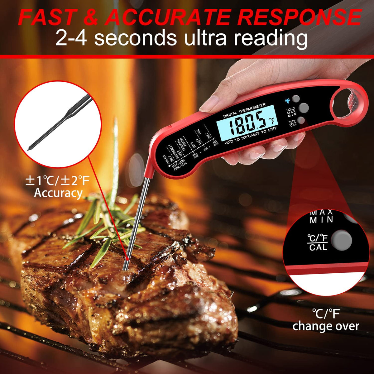 Scootworks Wireless Meat Thermometer Digital for Grill - Instant Read Grill Thermometer, Food Thermometer for Outdoor Cooking, BBQ Accessories, Cooking Thermometer for Kitchen