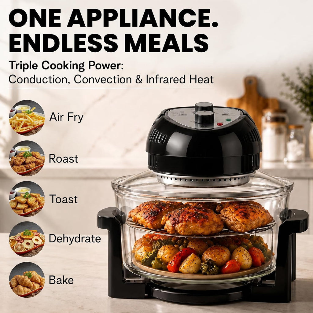 Granitestone 16Qt Large Glass Air Fryer Non Toxic – Family Sized Airfryer Cooker with 3 Cooking Levels, Stainless Steel Racks, Chicken, No Preheat, Self Cleaning, Dishwasher Safe, White