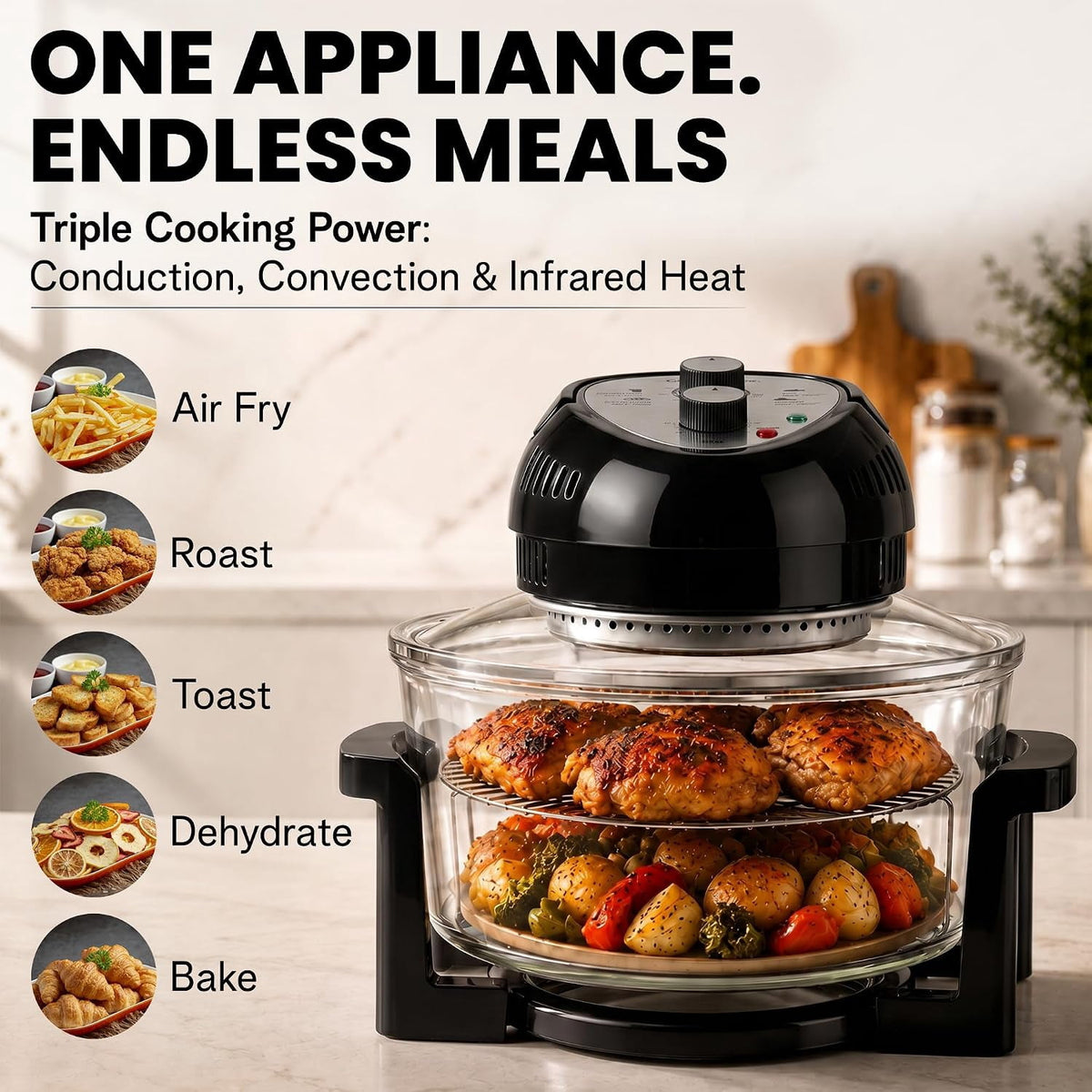 Granitestone 16Qt Large Glass Air Fryer Non Toxic – Family Sized Airfryer Cooker with 3 Cooking Levels, Stainless Steel Racks, Chicken, No Preheat, Self Cleaning, Dishwasher Safe, White